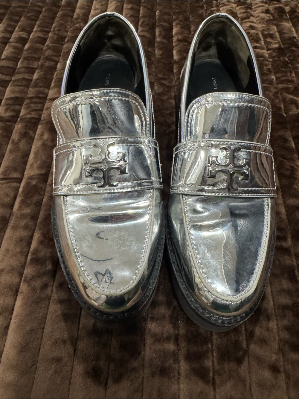 Tory Burch Metallic Silver Logo Penny Loafers